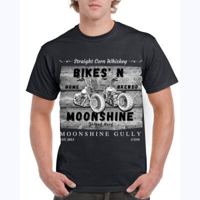 Bikes N Moonshine by Moonshine Gully Garage Co. Unisex Cotton Tee Thumbnail